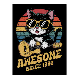 Pôster Cat Lover 1986 Birthday Retro Ukulele 40th Bday 