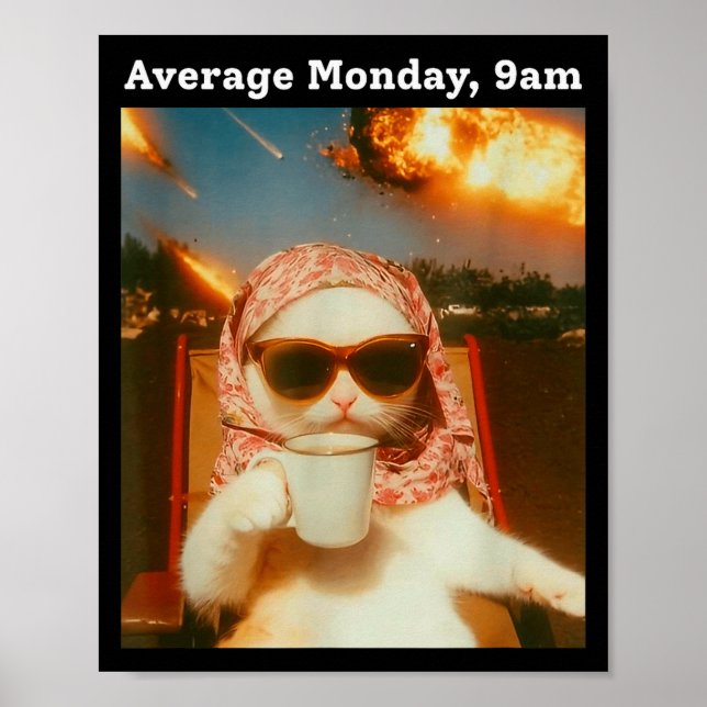 Poster Cat Meme Average Monday 9am Funny Sarcastic Back T (Frente)