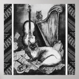 Poster CAT MUSICAL,OWL,VIOLIN,HARP Black White Cinza Musi