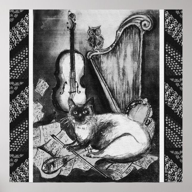 Poster CAT MUSICAL,OWL,VIOLIN,HARP Black White Cinza Musi (Frente)