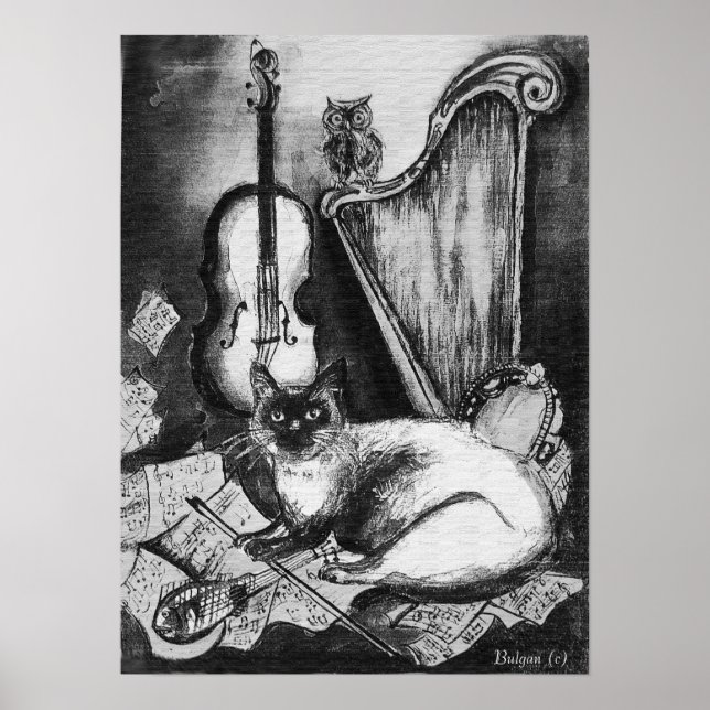 Pôster CAT MUSICAL,OWL,VIOLIN,HARP Black White Cinza Musi (Frente)