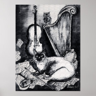 Pôster CAT MUSICAL,OWL,VIOLIN,HARP Black White Cinza Musi