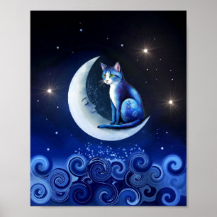Poster Cat on Crescent Moon Blue Cat 773