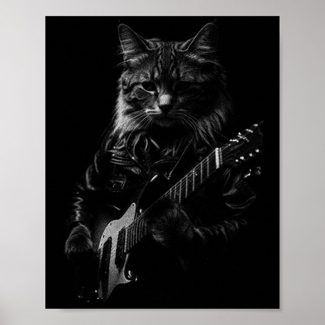 Poster Cat Playing Guitar Rock Star Rock And Roll Men Wom (Frente)