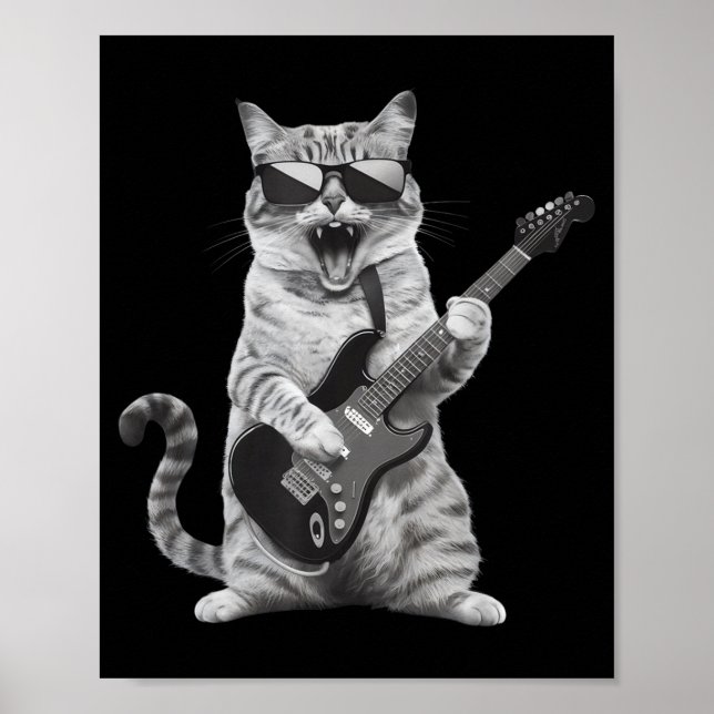 Poster Cat Playing Guitar Rock Star Rock And Roll Men Wom (Frente)