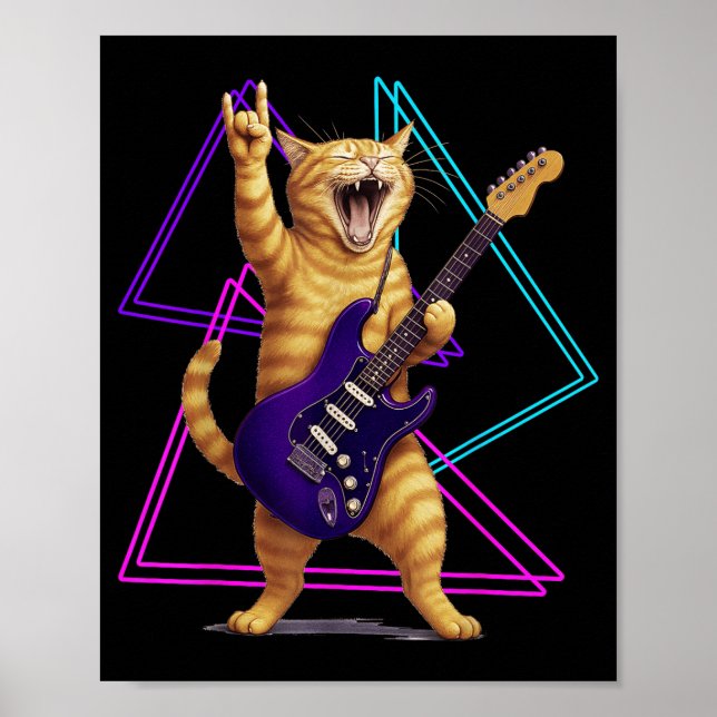 Poster Cat Playing Guitar Rock Star Rock And Roll Men Wom (Frente)