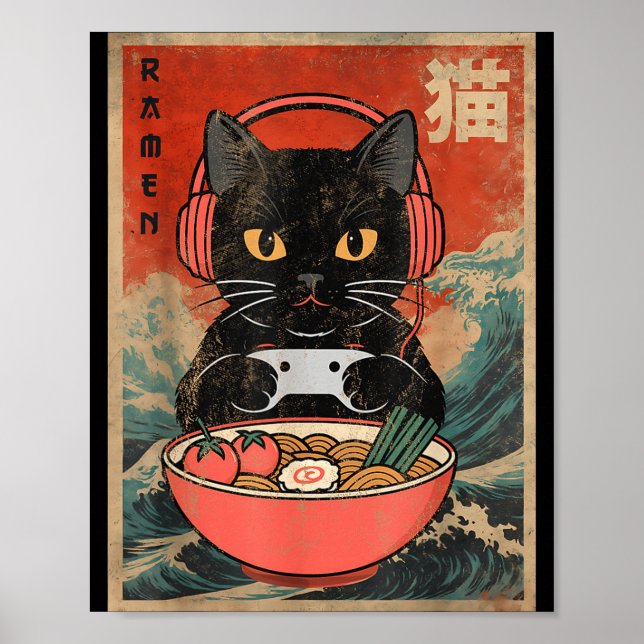 Poster Cat Ramen Japanese Funny Graphic Kawaii Anime  (Frente)