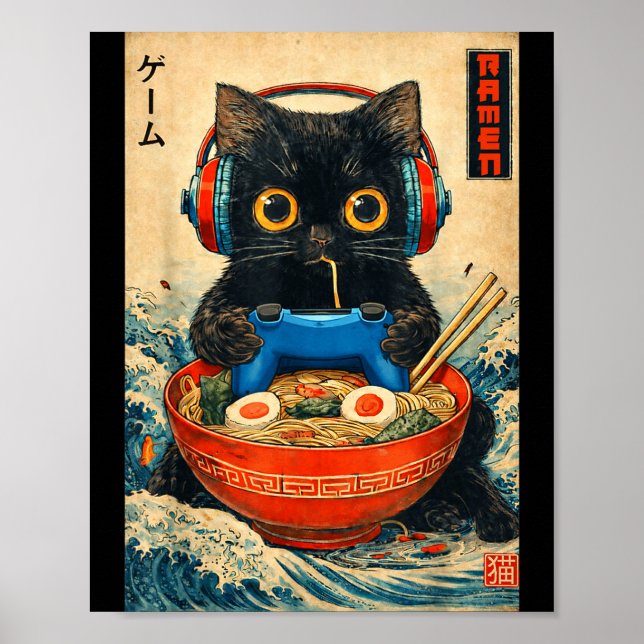 Poster Cat Ramen Japanese Funny Graphic Tees Kawaii Cat A (Frente)
