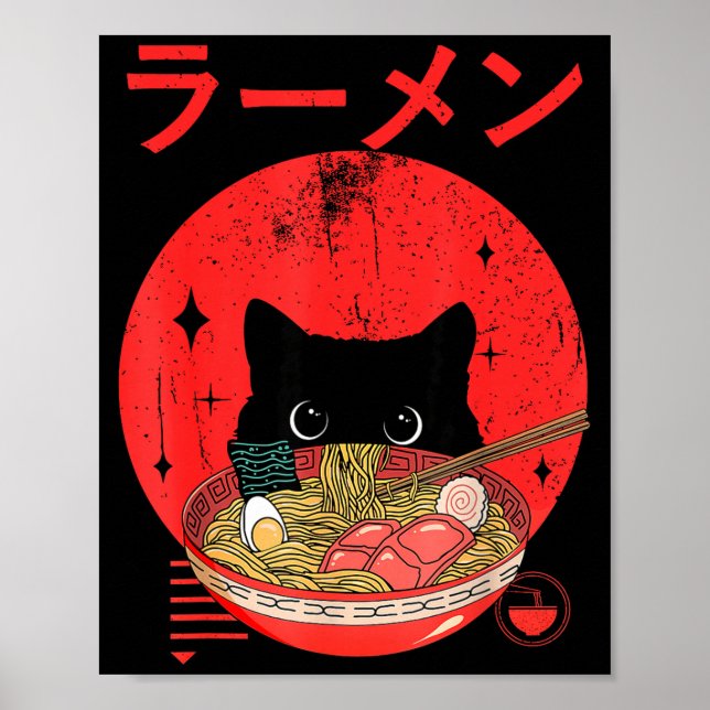 Poster Cat Ramen Japanese Funny Graphic Tees Kawaii Cat A (Frente)