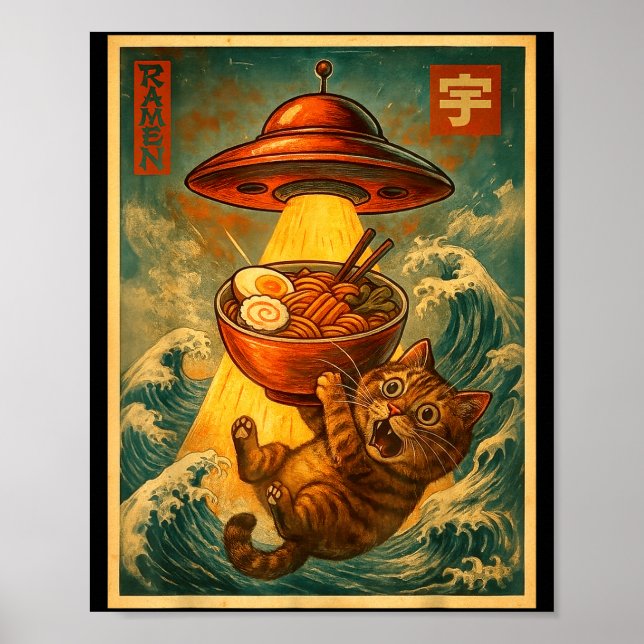 Poster Cat Ramen Ufo Funny Men Women Teens Kids Japanese  (Frente)