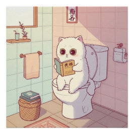 Pôster Cat Reading A Book On The Toilet