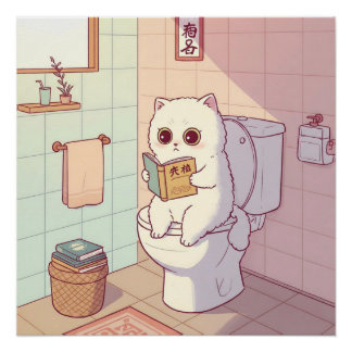 Pôster Cat Reading A Book On The Toilet