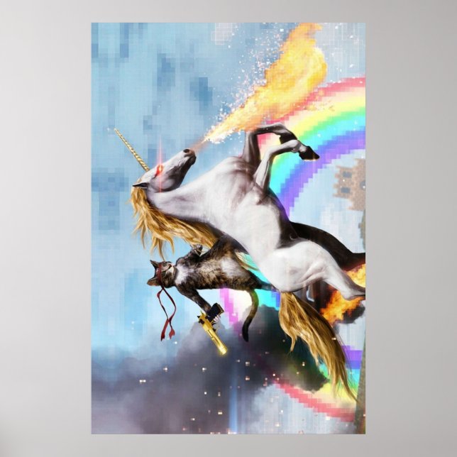 Poster Cat Riding Unicorn com arma (Frente)