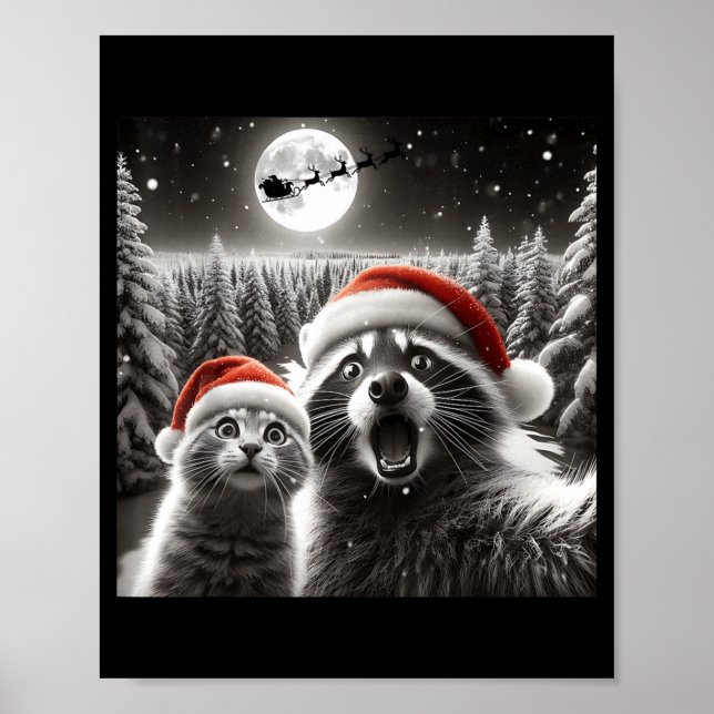 Poster Cat Selfie Racoon Funny Santa Christmas Dog  (Frente)