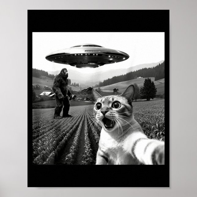 Poster Cat Selfie With Alien Ufo Funny Cat Alien Bigfoot  (Frente)