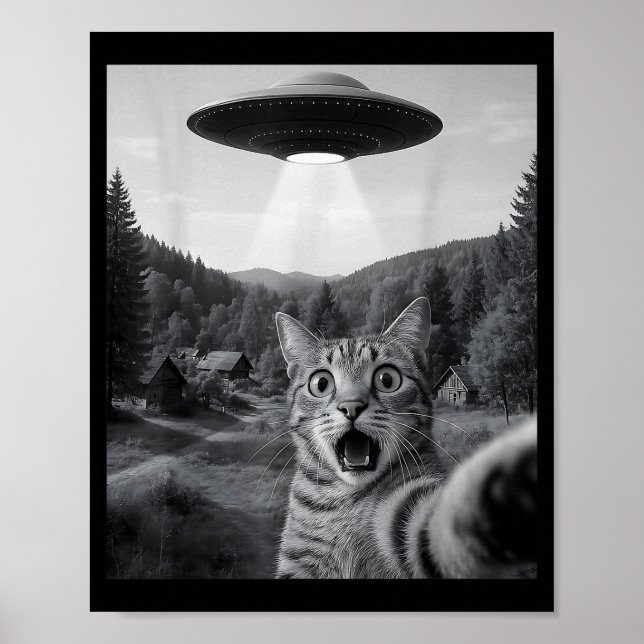 Poster Cat Selfie With Alien Ufo Funny Cat Funny Ed Cat  (Frente)