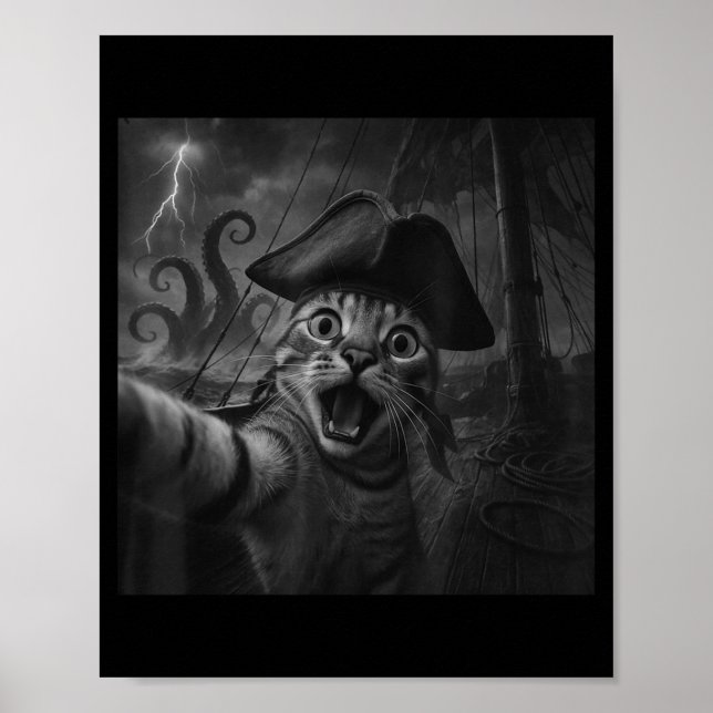 Poster Cat Selfie With Kraken Octopus Funny Meme Men Wome (Frente)