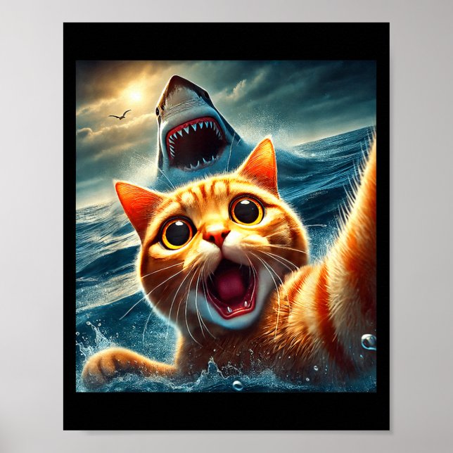 Poster Cat Selfie With Shark Funny  (Frente)