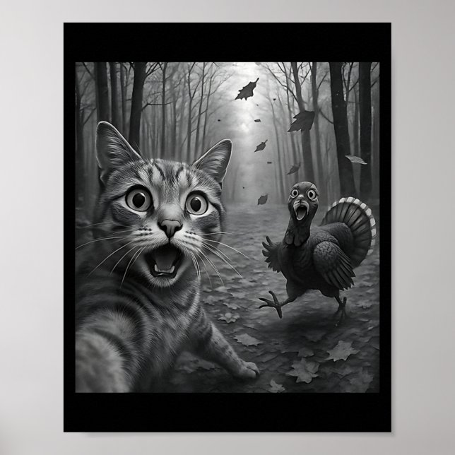 Poster Cat Selfie With Turkey Funny Happy Thanksgiving Da (Frente)