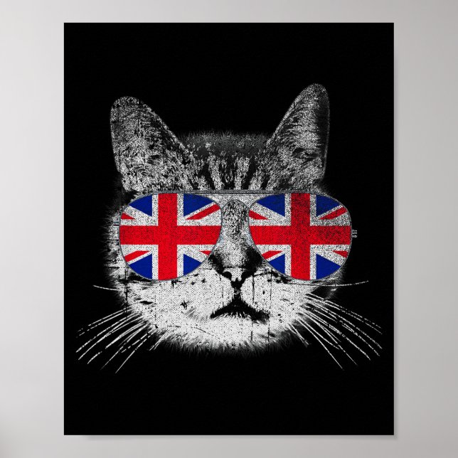 Poster Cat Shirt Union Jack Flag Country Retro England Br (Frente)