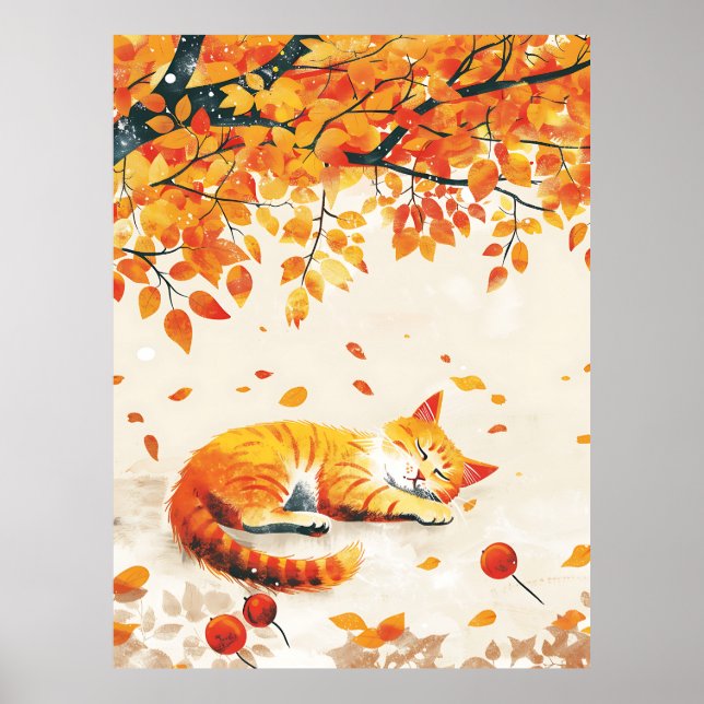 Poster Cat Sob Folhas, Cozy Autumn Decart, Cair Em Casa (Frente)