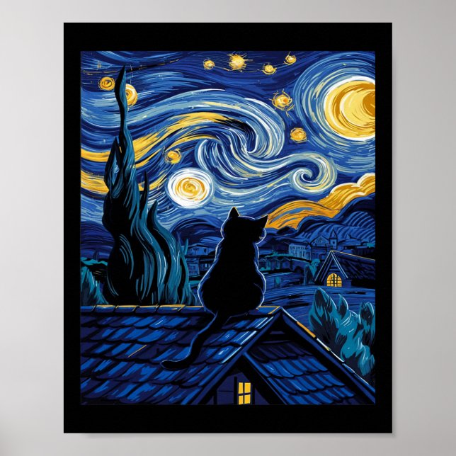 Poster Cat Starry Night Van Gogh Cat Art Lover Engraçado  (Frente)