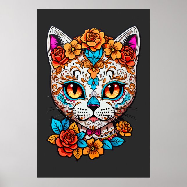 Poster Cat Sugar Skull Halloween, Dia de los Muertos (Frente)