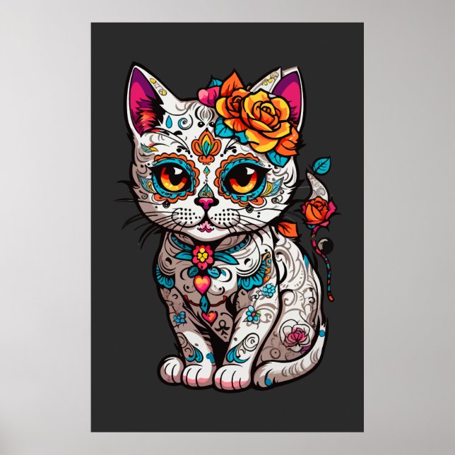 Poster Cat Sugar Skull Halloween, Dia de los Muertos (Frente)
