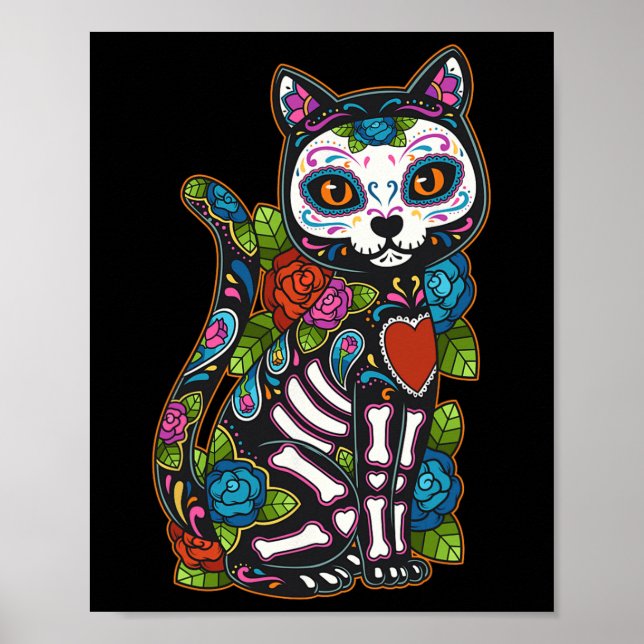 Poster Cat Sugar Skull México Calavera Dia De Los Muertos (Frente)