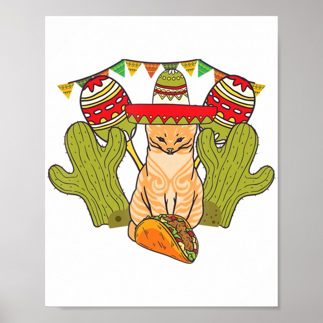 Poster Cat Taco Sombrero Mexicano Fiesta Funny Cinco Mães (Frente)