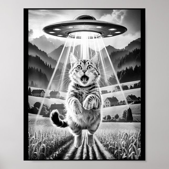 Poster Cat Ufo Alien Abduction Funny Graphic Tees Men Wom (Frente)