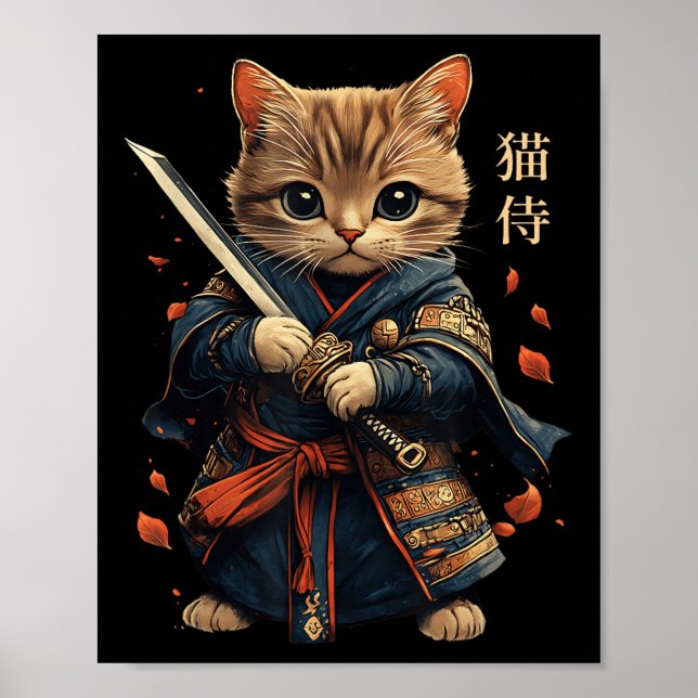 Poster Cat Warrior Japonês Samurai Cat Tattoo Kawaii Nin (Frente)