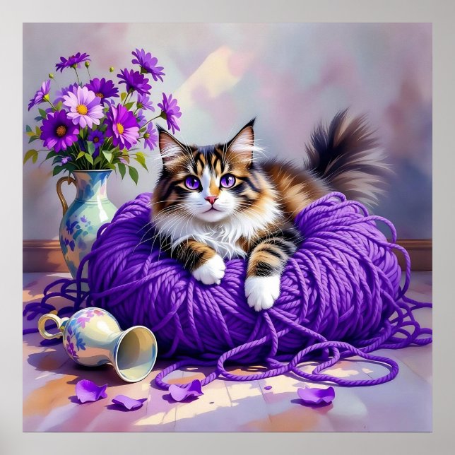 Poster Cat with Purple Eyes in Purple Yarn and Flowers (Frente)