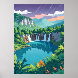 Poster Cataratas do Parque Nacional de Plitvice em estilo
