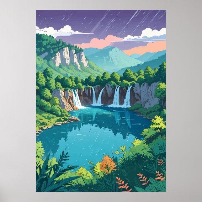 Poster Cataratas do Parque Nacional de Plitvice em estilo (Frente)