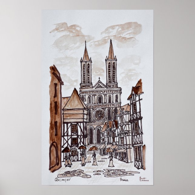 Pôster Catedral & Casas Normandas | Quimper, França (Frente)