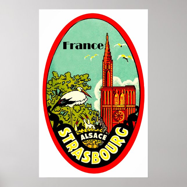 Poster Catedral de Estrasburgo, cegonhas, França, vintage (Frente)