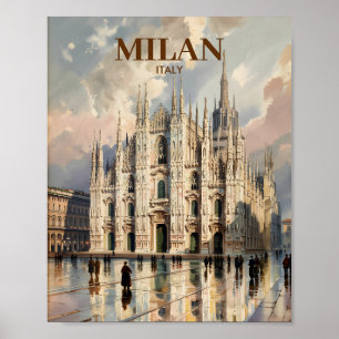 Poster Catedral de Milão Duomo di Milano Aquarela Vintage