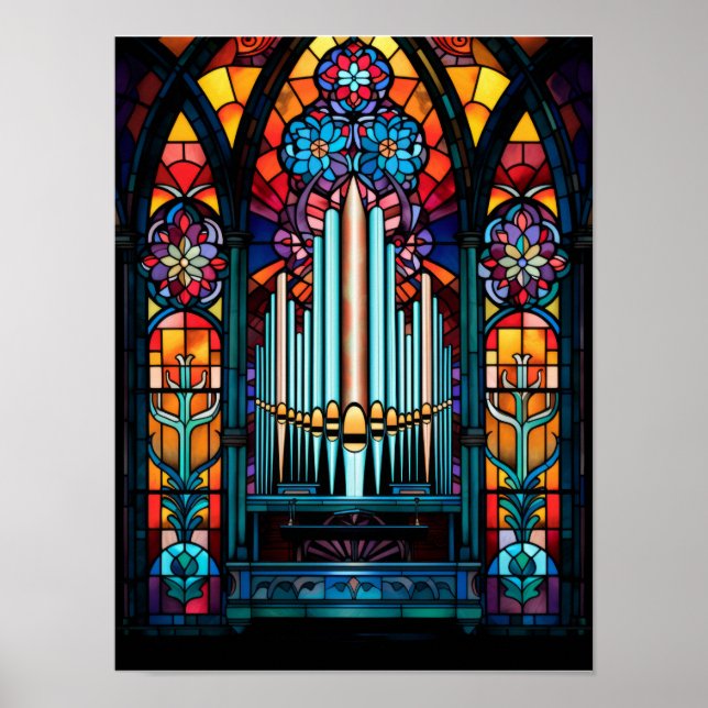 Poster Catedral de Órgão de Tubos Colorida Arte em Vidro  (Frente)