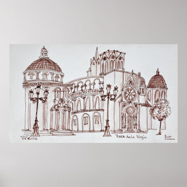Pôster Catedral de Valência na Plaza de la Virgin (Frente)