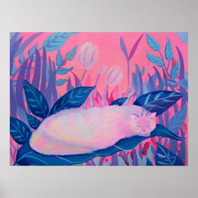 Poster Caterpillar Cat Pink Purple Blue Fantasy Wall Art (Frente)