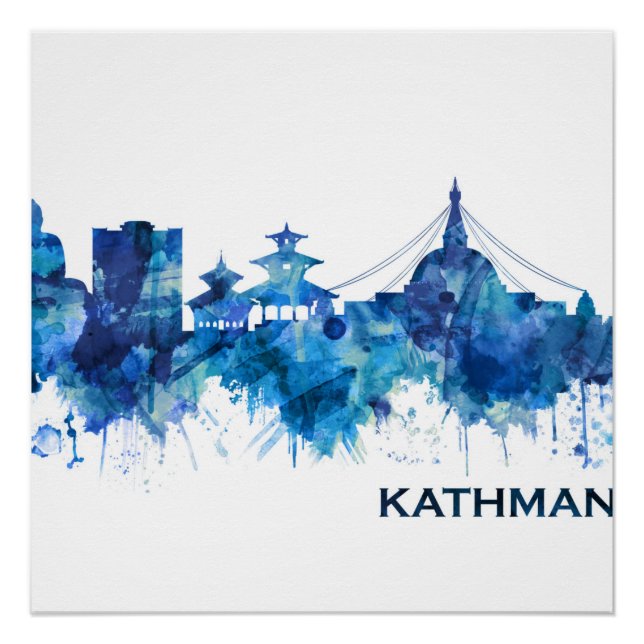 Pôster Catmandu Nepal Skyline Blue (Frente)