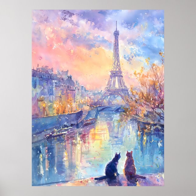 Poster Cats in Paris Twilight – Watercolor Romance (Frente)