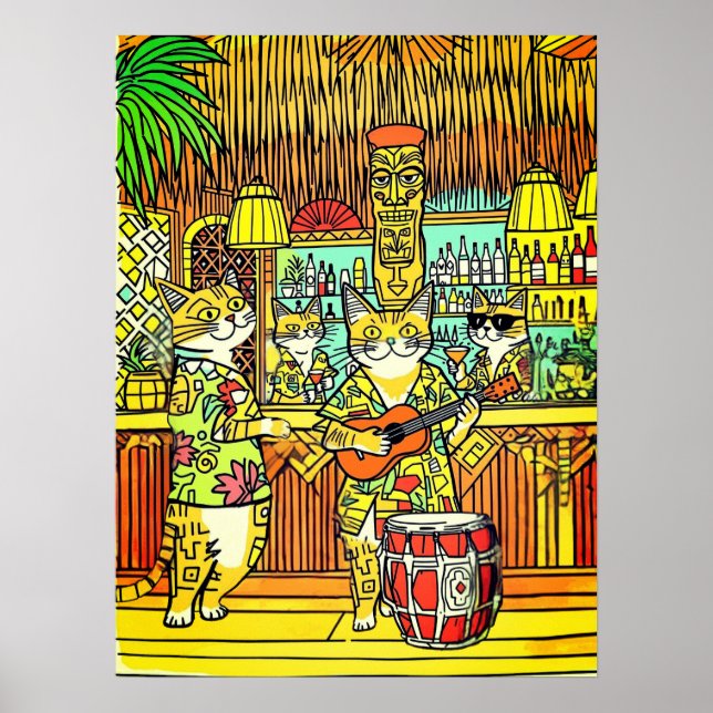 Poster Cats on an Island Vacation in a Tiki Bar (Frente)