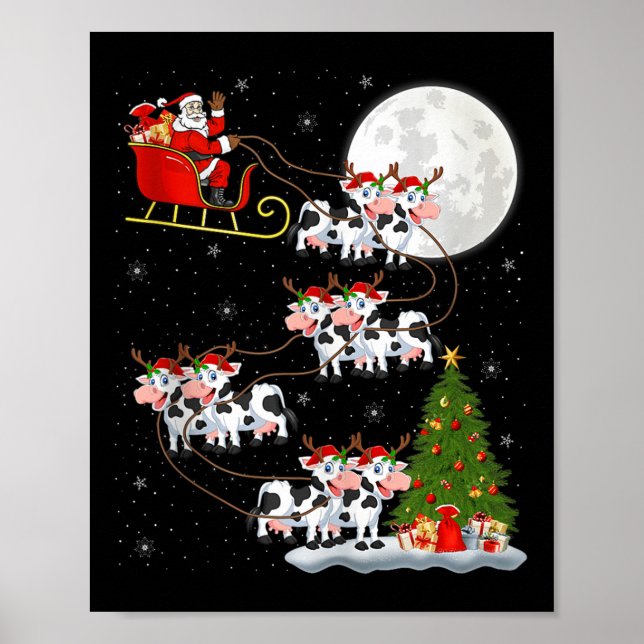 Poster Cattle Cow Santa Sleigh Flying Funny Magical Chris (Frente)