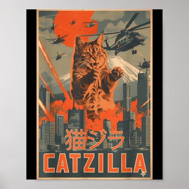 Poster Catzilla Cat Japanese Art Funny Cat For Men Women  (Frente)