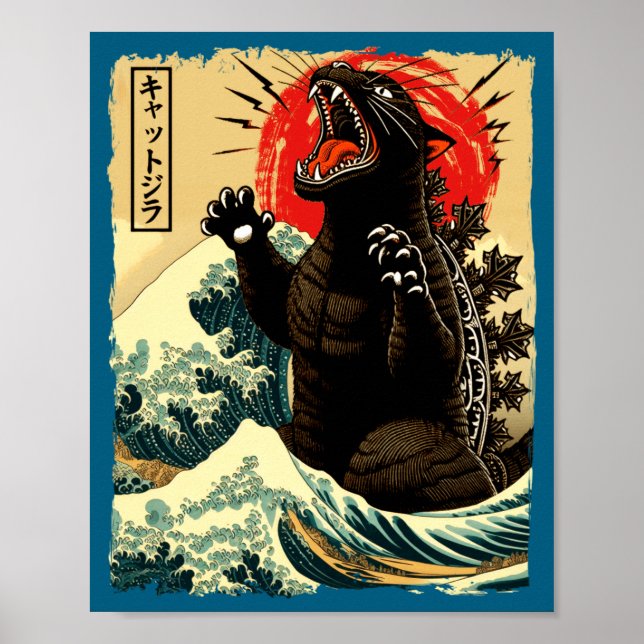 Poster Catzilla Divertido Estilo Japonês  (Frente)