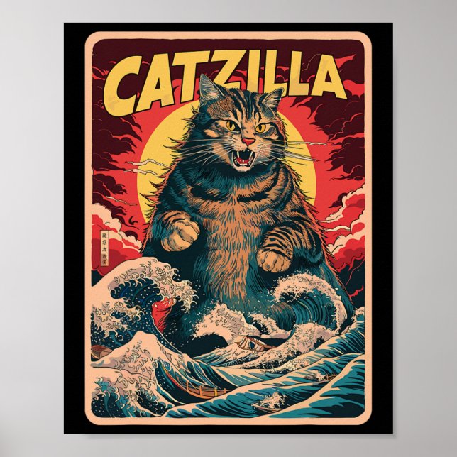 Poster Catzilla Japonês Art Funny Cat Vintage Graphic (Frente)