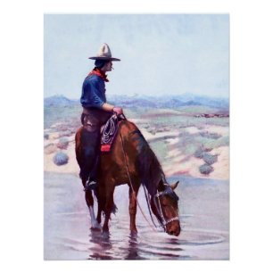 Pôster Caubói Regando Cavalo por W Herbert Dunton