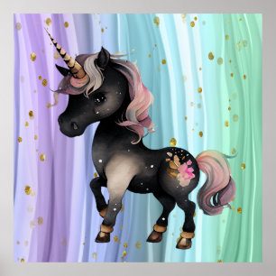 Poster Cauda Rosa Púrpura do Unicórnio Preto